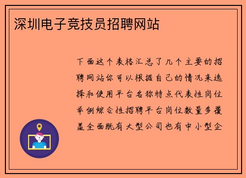 深圳电子竞技员招聘网站